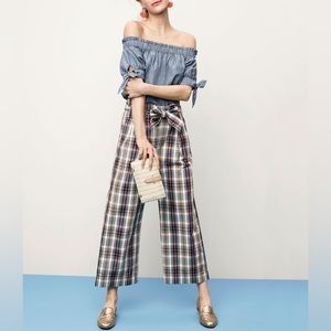 NWT J. Crew blue plaid high waist cotton paper bag wide leg pants, size 12